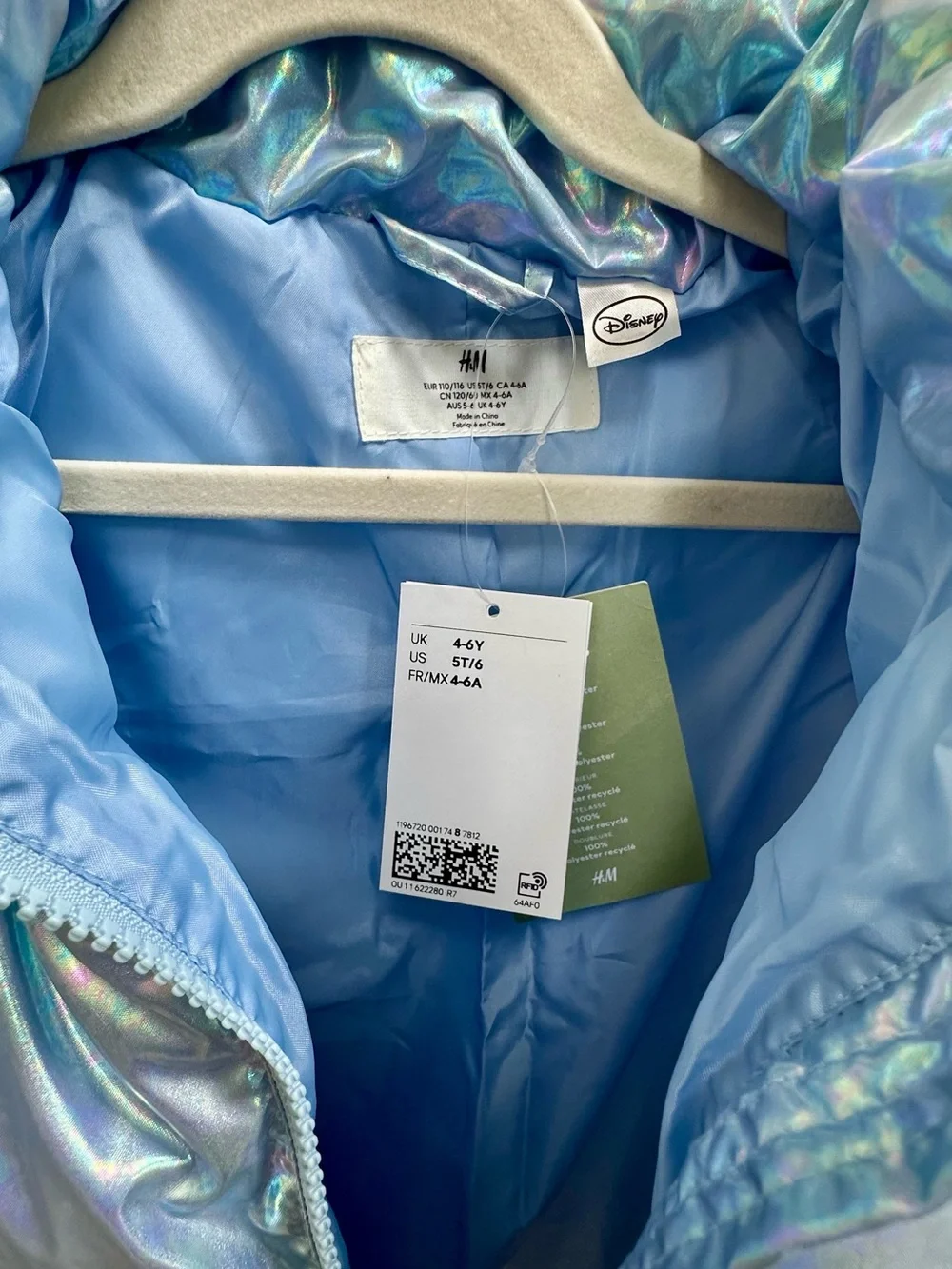 H& M and Disney Frozen Light Blue Shiny Puffer Jacket with Hood